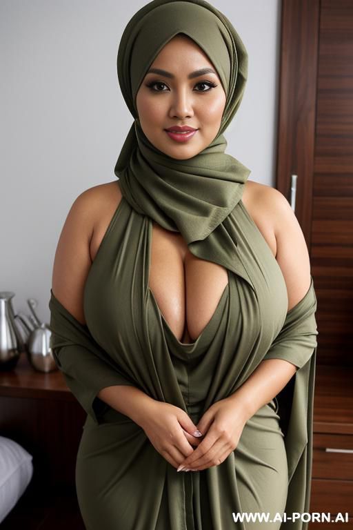 milf, voluptuous body figure, indonesian, sunda ethnicity, light olive skin, long pashmina jilbab, wearing stylish long pashmina jilbab, wearing housedress. fully clothed, no cleavage, fully covered. modesty. natural massive saggy breast. - #main