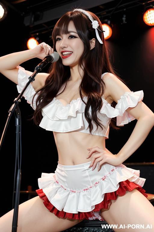 (japanese idol) (bangs) (long messy hair) (squating) (spread legs) (pussy) (smile) (idol costume) (frilled blouse) (live music club stage) - #main