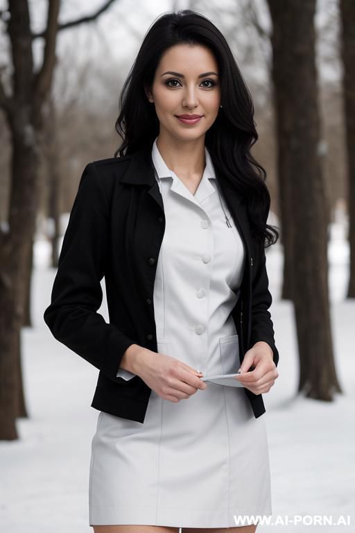 beautiful, realistic, hungarian, milf, slight cheekbones, wavy hair, dark brown hair, white skin, perfect natural boobs, athletic body, slight smile, makeup, eye shw, standing, spreading legs, skin tight black dress, snow background. - #main