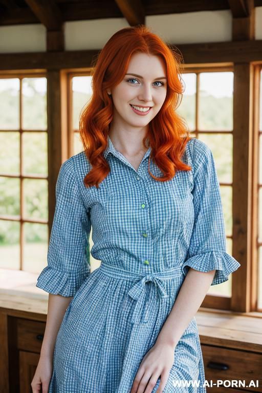 beautiful woman, pretty face, round and perky c-cup breasts, wide hips, soft hands, beautiful green eyes, solky fiery red-orange hair, on a homestead, smiling, wearing a modest blue gingham dress, cottagecore, wholesome - #main