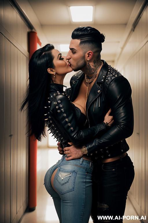 ((((arab rap milf kissing two muscular punk men on the lips)))) with ((((((gigantic tits)))))) and (((long hair))), (makeup) , (((tight spiked black leather jacket))) (((tight spiked jeans))) - #main