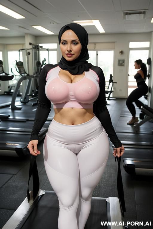 indonesian, indonesian milf, milf, jilbab, wearing silk jilbab, (wearing black tight long sleeves gym clothes full covered, black), (wearing white tight gym leggings you can see her dense pubic - #main
