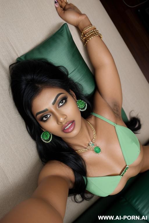 beautiful indian female, round face, dark skin, 1, long black hair, black eyes, opened eyes, makeup, green gem ear rings, green gem wristbands, green gem ankle bracelets, green gem necklace, - #main
