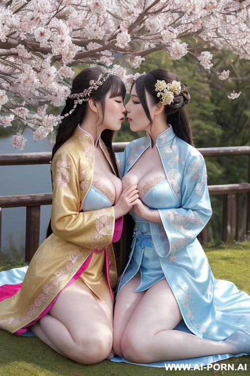 chinese princess, lace pleated skirts, chinese clothes, traditional clothes, chinese old version, old china outfit, short skirts, light blue through clothes, , hiding face, see through coat, hugging and kissing each other, women on top, lay on bed - #main