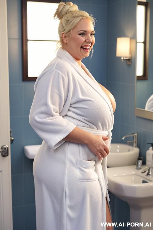 very pendulous saggy tits with huge nipples, fat arms, huge round ass, wide hips, side view, wet skin, (wide open a white bathrobe), show boobs - #main