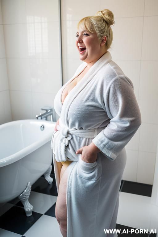 very pendulous saggy tits with huge nipples, fat arms, huge round ass, wide hips, side view, wet skin, wide open a white bathrobe - #main