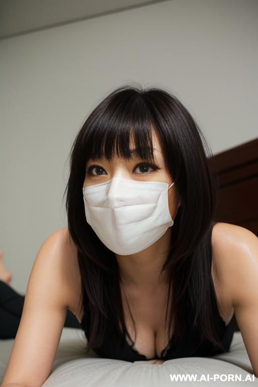 the woman is lying on the bed. big thighs. bang. asian. in a mask. - #main