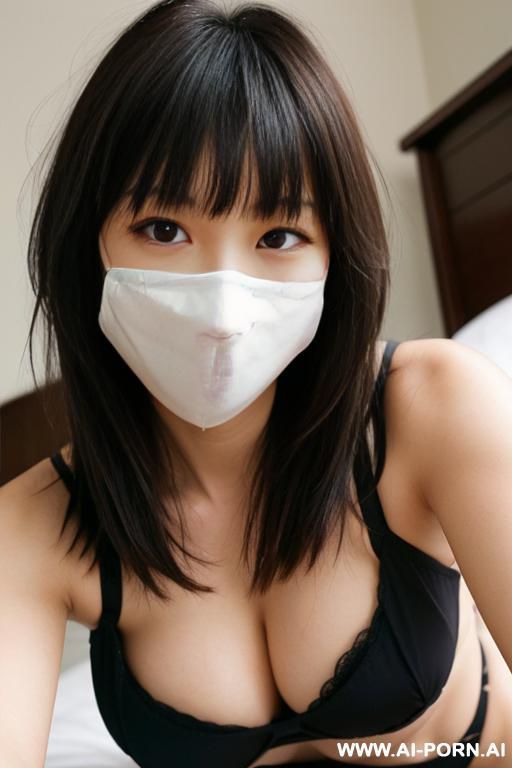 the woman is lying on the bed. big thighs. bang. asian. in a mask. - #main
