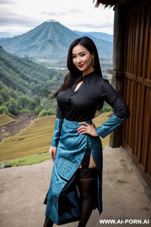 ((olive skin indonesian, sunda ethnicity)) ((traditional long sleeves black shirt, long skirt with blue batik pattern, sunda outfit)) ((huge massive perky boobs)) ((looking at viewer)) ((mountain - #main