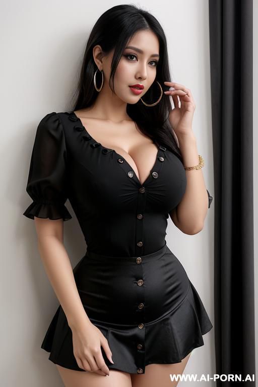 tight blouse, circle skirt, cleavage, extremely pretty, very full lips, button nose, hoop earrings, busty round boobs, hourglass figure, tight waist - #main