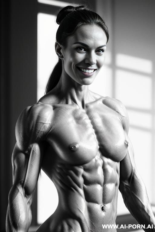 ((nude smiling very muscular short fbb woman with rockhard pecs)), (((nude))), ((naked)), (((very white skin with muscle veins))), ((extreme sculpted abs)), ((nude very muscular pecs)), ((very shredded - #main