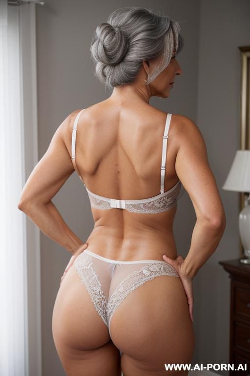 medium body, visible tan line, granny, full hips, bubble butt, heavy breast, sheer white lace lingerie, back view, looking at viewer with hands on hips - #main
