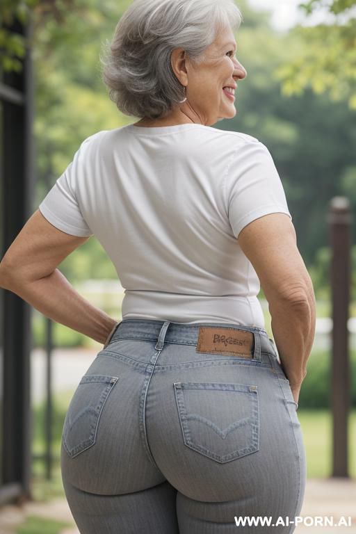 back view, 0-year-old grandmother, firm body, standing, gray hair, lady, smiling, narrow hips, thick thighs, wearing a white short sleeves shirt, blue jeans, outside - #main