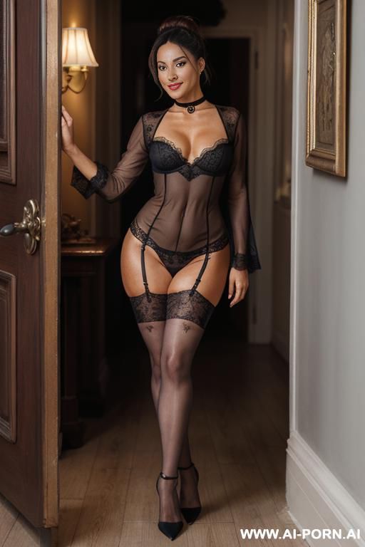 asain gilf, grey hair in a bun, hot orange lace , soubrette, extremely busty boobs pushed up, tight waist, wide hips, choker, perfect eyes, hallway, wearing pumps in the living room, full body shot - #main