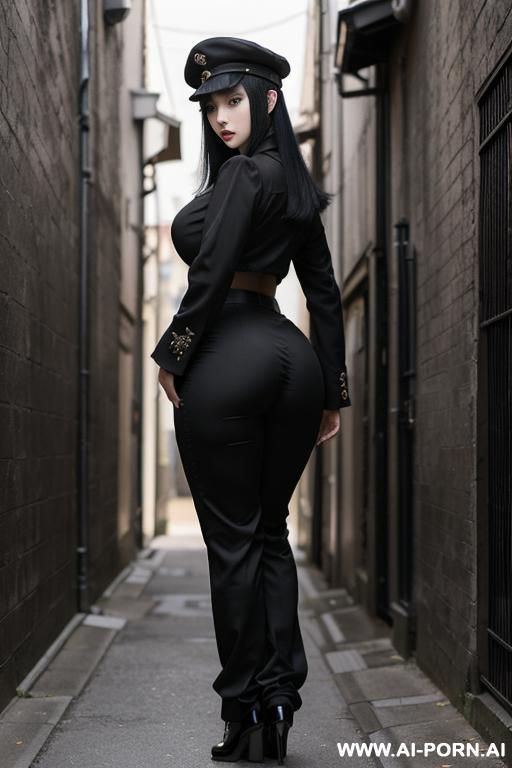 (huge massive gigantic boobs) with (massive ass), (goth uniform) with (pants) and (peaked cap), (pretty), (japanese), (standing up), (full body), (realistic), (20 years old), (sided bangs) with (black hair) and (short hair), (alley way), (full view) - #main