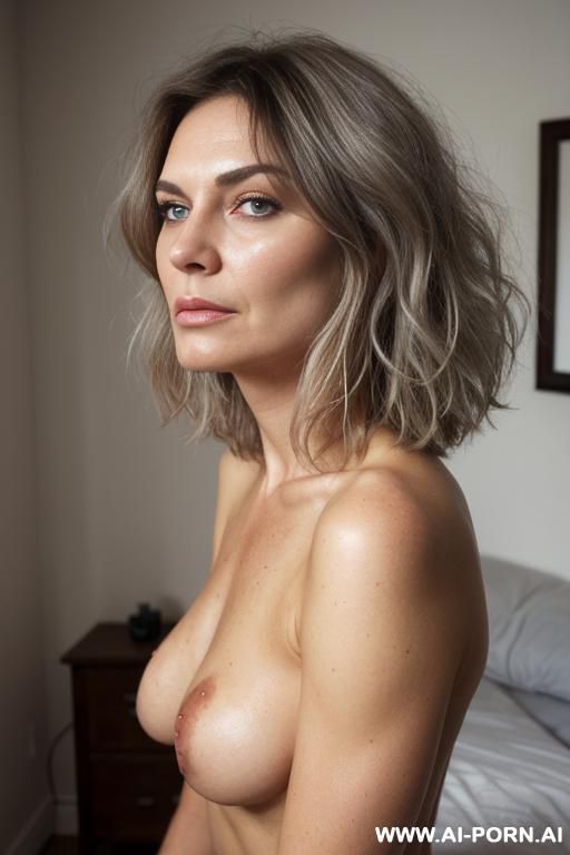 old woman, round shape face, wrinkled skin, high cheekbones, saggy cheeks, narrow nose, mouth, tired eyes, brown eyes, wavy grey hair, short hair, disgusted expression, eye contact. profile, portait - #main