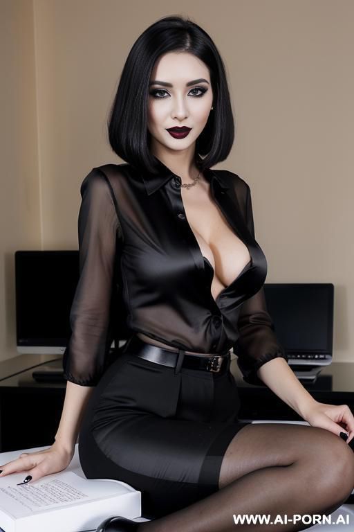 female secretary wearing a black satin blouse, smoky eyes makeup, black lipstick, very pretty face, she spreads her legs and shows her vagina - #main