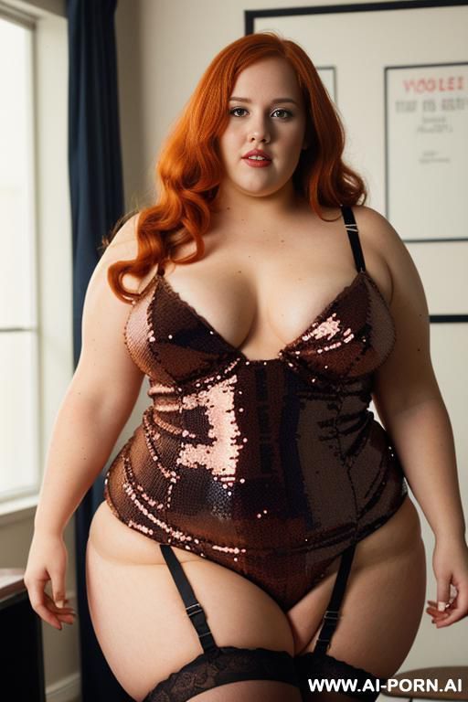 half body photo shot close up. about at classroom. a ((british obese fat bbw redhead)), ((thick with love handless)) and medium tummy. wearing a colorfull sexy and hot garter belt lingerie of ((sequins)) and a micro-ruffle-skirt-dress. dancing. - #main