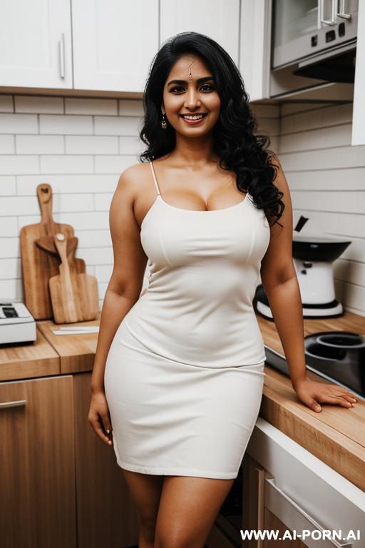 (hourglass figure ), (((standing in a kitchen ))), (( white skin indian )), (lean), (pretty face), (detailed face), (perfect), (natural lighting), ((highly detailed photo)), busty - #main