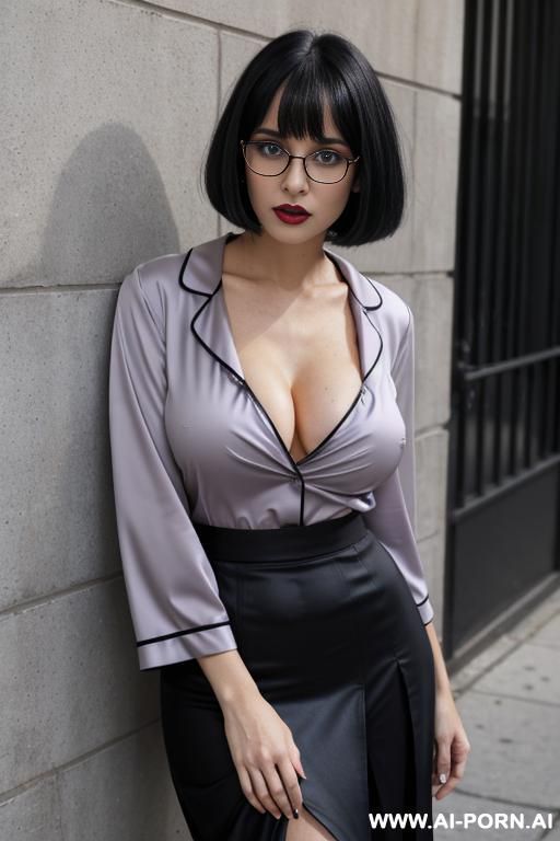 skin, caucasian, mature teacher, bob hairstyle, pencil skirt, blouse showing some cleavage, glasses - #main