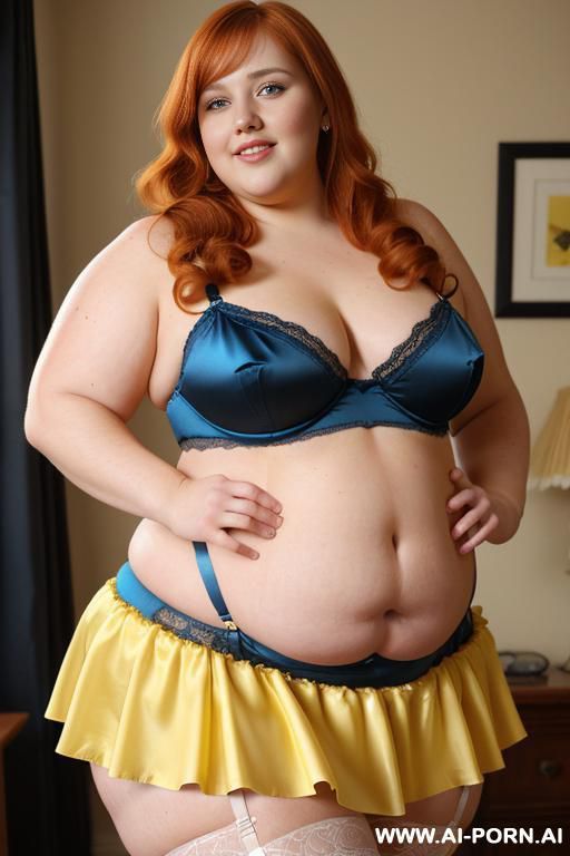 half body photo shot close up. a ((british obese fat bbw redhead)), ((thick with love handless)). ((wearing a yellow sexy and hot garter belt lingerie, and a dark-blue ruffle silk micro-skirt)). she is smiling - #main