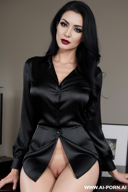 very nice secretary woman, classic black satin blouse, no pants, no skirt, no panties, sits on a big cock, vaginal sex , high heels, smoky eyes makeup, black lipstick, very pretty face, long - #main