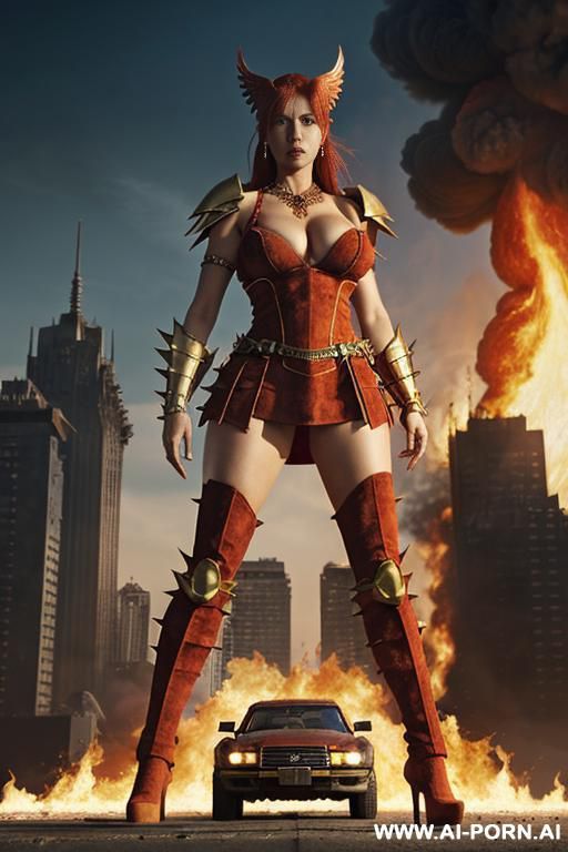 goddess of fire, red dress, red hair, massive boobs, ruby necklace, ruby earrings, gold bracelets, (((gold shoulder armor))), (((fiery wings))), fire temple - #main
