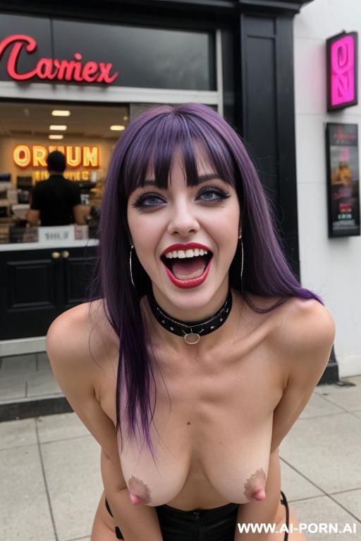 goth, naked, mouth open, moaning, cum on her clit , full body, cum dripping from mouth, choker, cum on boobs, - #main