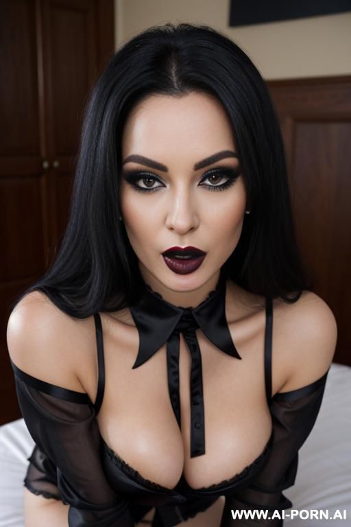 very nice secretary woman, classic black satin blouse, wide collar, no pants, no skirt, no panties, high heels, smoky eyes makeup, black lipstick, very pretty face, long black hair, big dick in - #main
