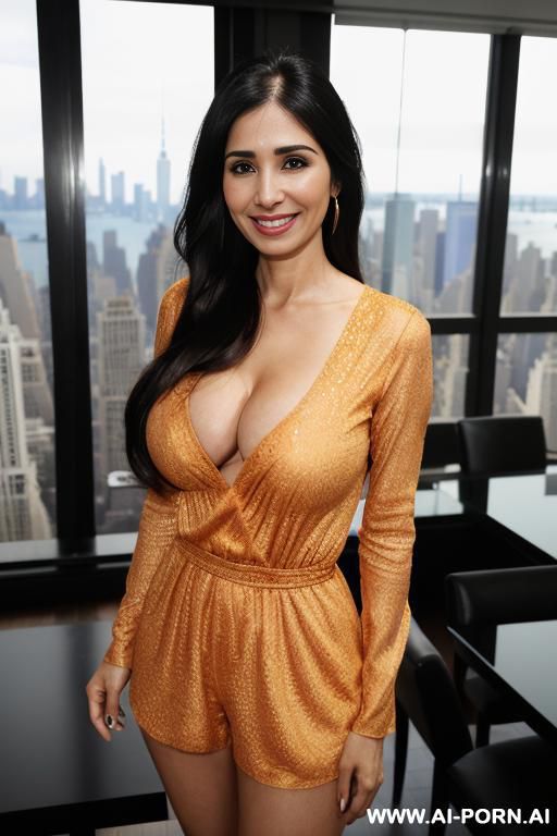 ( long sleeve romper ), (((standing modern manhattan penthouse dining room ))), ((punjabi )), (lean), (pretty face), (detailed face), (perfect), (natural lighting), ((highly detailed photo)), (higareda), ((busty)) - #main