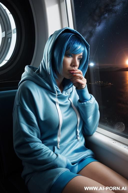 space station. blue decor. space out the window. woman sitting, drinking coffee. blue hair. blue everywhere. oversized hoodie. sad expression. tired. sleepy. nighttime. - #main