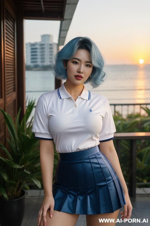 pretty, vietnamese, caucasian, 30, voluminous wavy hair, dark brown hair, white skin, perfect boobs, slight smile, makeup, eye shw, standing, spreading legs, polo shirt, short pleated skirt, blurred background, patio background. - #main
