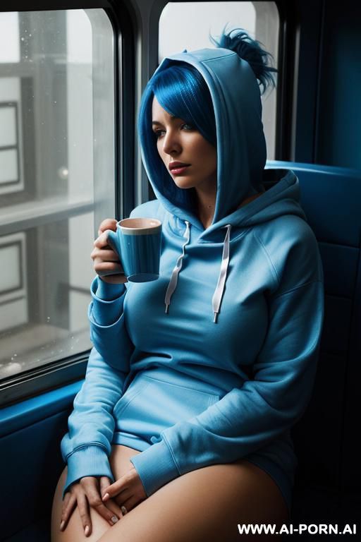space station. blue decor. space out the window. woman sitting, drinking coffee. blue hair. blue everywhere. oversized hoodie. sad expression. tired. sleepy. nighttime. boobs. - #main