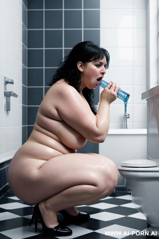very saggy boobs, wide open mouth with stucking out tongue, (receiving water jet from above on her face), side view, fat arms, fat belly, huge ass, wet face, drinking water falling from above - #main