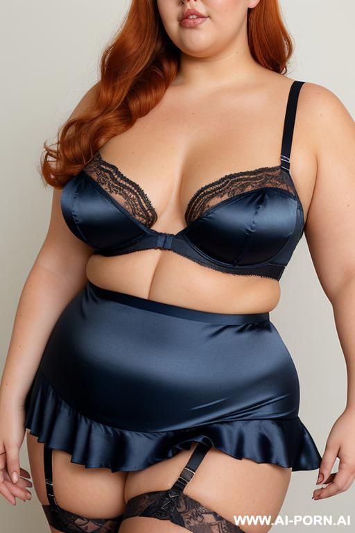 half body photo shot close up. a ((british obese fat bbw redhead)), ((thick with love handless)). ((wearing a brown sexy and hot garter belt lingerie, and a dark-blue ruffle silk micro-skirt)). she is dancing. - #main