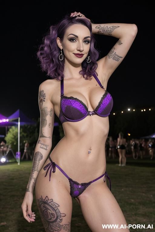 purple hair, bra, panties, septum piercing, , medium wavy hair, tattoos, rave outfit, nighttime outdoor venue - #main