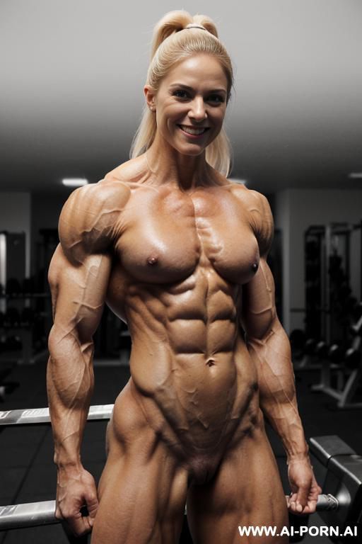 (((nude white blonde french smiling very muscular female bodybuilder a. mohn almbody with rockhard pecs))), (extreme sculpted abs), ((very muscular pecs)), ((very muscular delts)), ((very muscular - #main