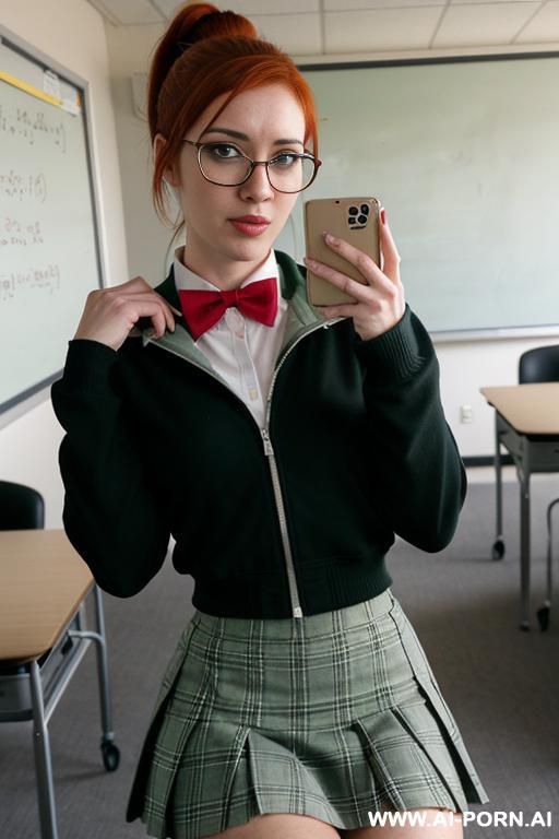 teacher, polo with bow, low cut shirt , short office skirt, glasses - #main