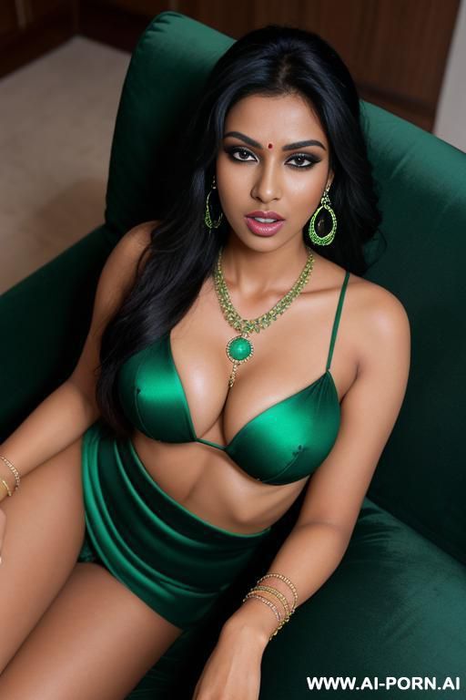 beautiful indian female, top view, round face, dark skin, 8, long black hair, black eyes, makeup, round tits, green gem ear rings, green gem wristbands, green gem ankle bracelets, green gem - #main