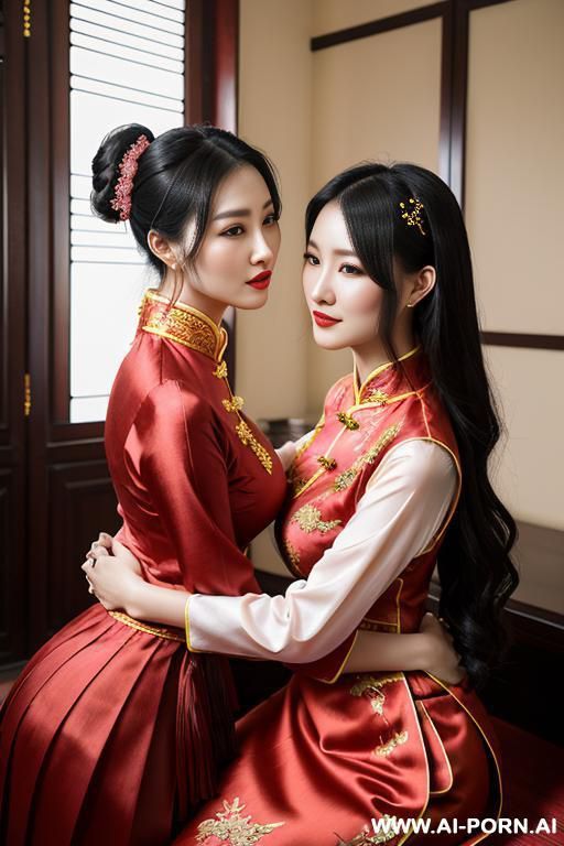 tea party, full clothes, pleated dress, hugging each other, chinese clothes, traditional clothes, han clothes - #main