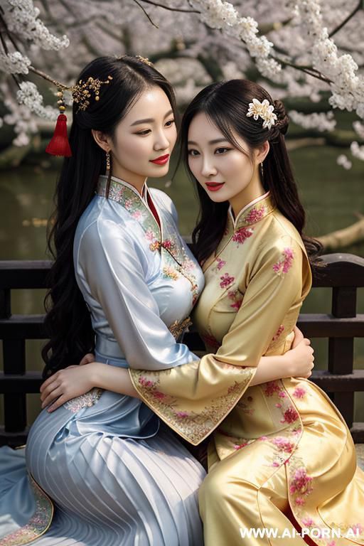 tea party, full clothes, pleated dress, hugging each other, chinese clothes, traditional clothes - #main