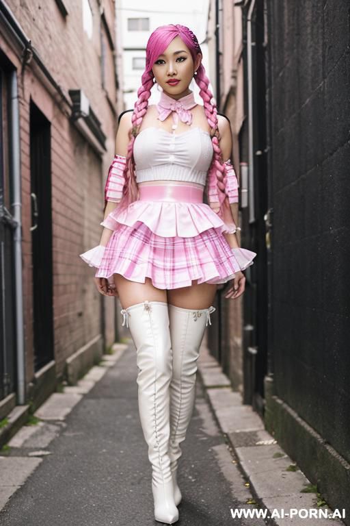 20 year old asian women, pink hair in braids, pink plaid frilly skirt, white latex thigh high boots, white skirt, alleyway, - #main
