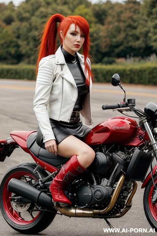 20 year old white female, leather jacket, leather skirt, leather thigh high boots, bright red hair in ponytail, sitting on motorcycle - #main