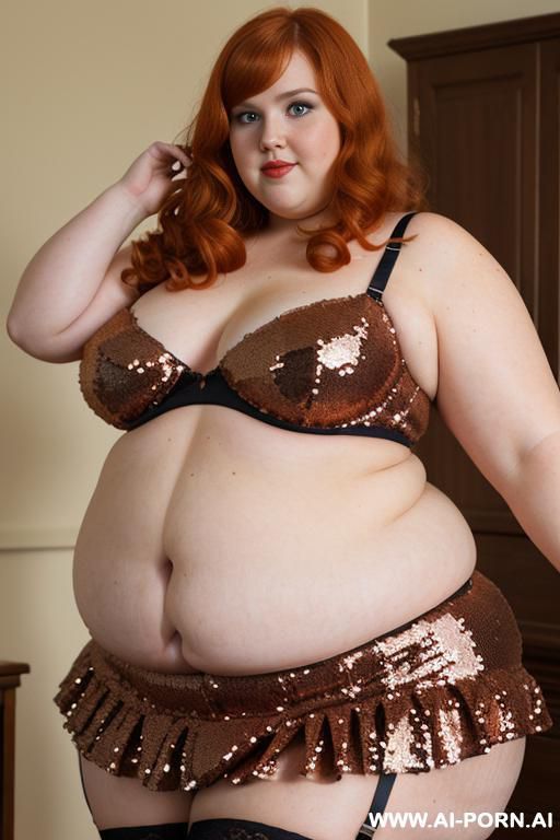 half body photo shot close up. about at classroom. a ((british obese fat bbw redhead)), ((thick with love handless)) and medium tummy. wearing a colorfull sexy and hot garter belt lingerie of ((sequins)) and a micro-ruffle-skirt-dress. dancing. - #main