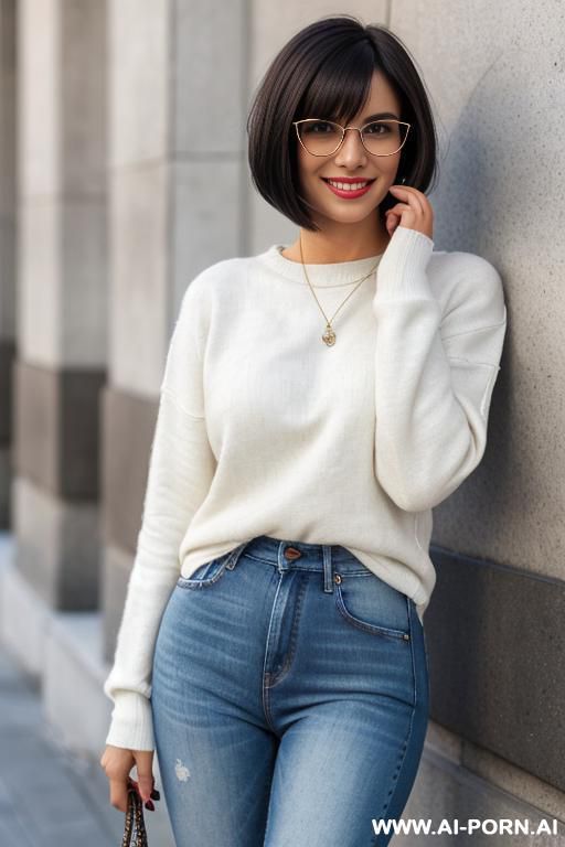 pretty woman, lean, graceful, subtle toned curves, dark silky black hair in a long bobcut, sparkling brown eyes, stylish glasses sharp and expressive features, wide smile, happy, wearing a white - #main
