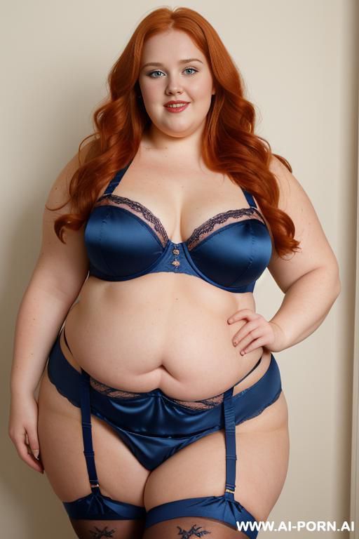 half body photo shot close up. a ((british obese fat bbw redhead)), ((thick with love handless)). ((wearing a colorfull sexy and hot garter belt tape lingerie, and a dark-blue ruffle silk micro-skirt)). she is smiling - #main