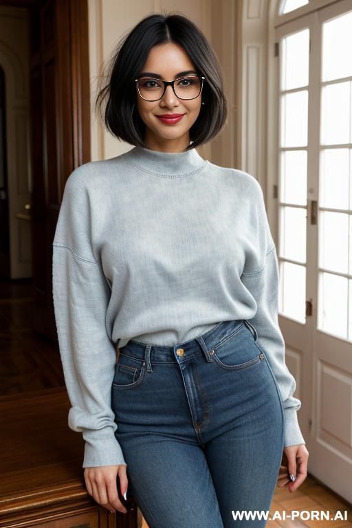 pretty woman, lean, graceful, subtle toned curves, dark silky black hair in a long bob to her shoulders, sparkling brown eyes, stylish glasses sharp and expressive features, wide smile, happy, - #main