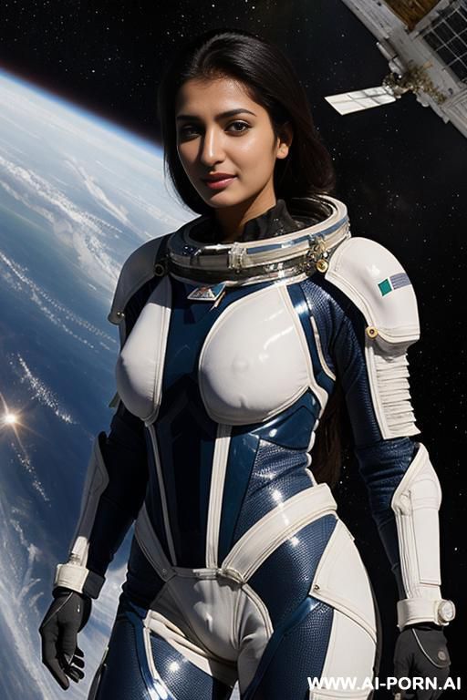 close up, partially transparent armored space suit, extremely tanned pakistani scientist, space station research lab - #main
