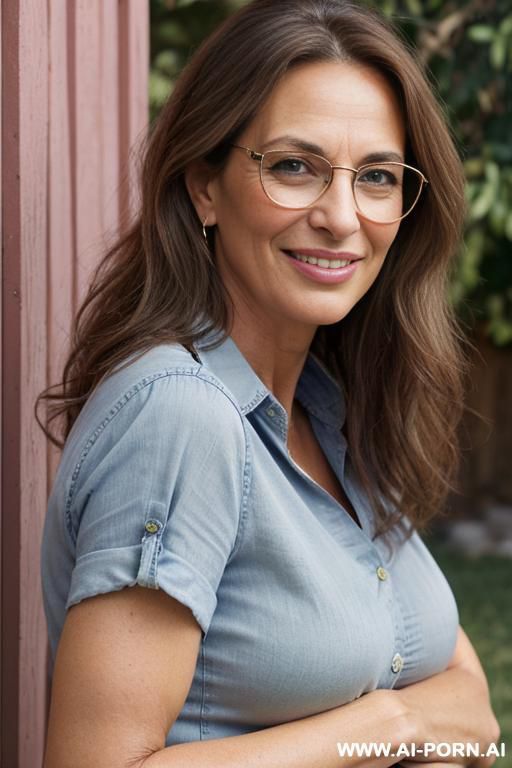 beautiful mediterranean woman, fair skin, slight wrinkles, light brown hair with a some gray strands, smiling, big blue-green eyes, soft facial features, full natural breasts, wearing blue jeans and - #main