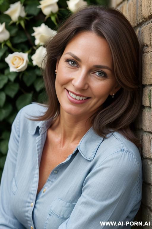 beautiful european woman, fair skin, slight wrinkles, light brown hair with a some gray strands, smiling, big large blue-green eyes, button nose, soft facial features, full natural bust, wearing - #main